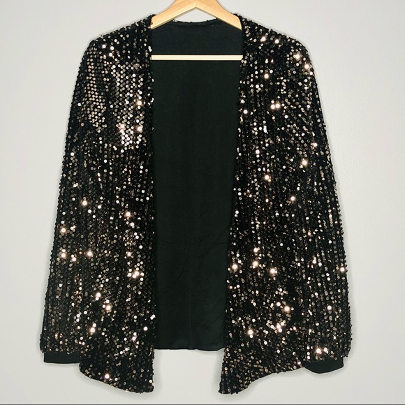 Women's Gold Sequin Black Jacket Loose fitted No buttons Long Sleeves - Picture 1 of 7